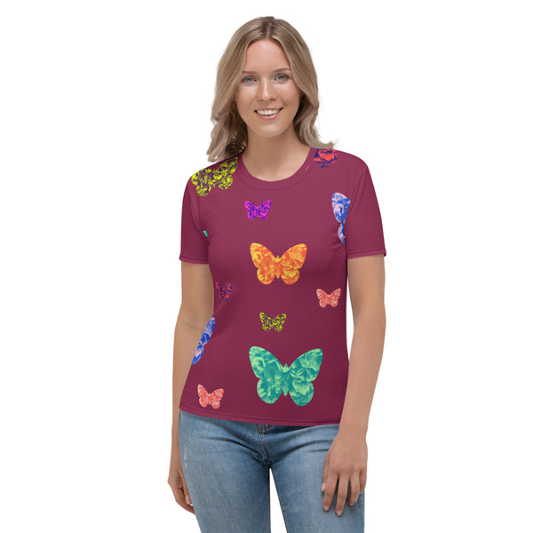 Womens burgundy t-shirt with colorful butterflies