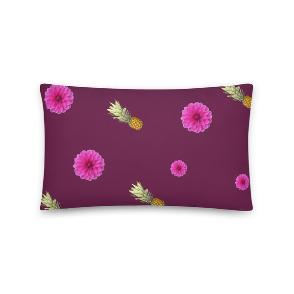 Pink flowers and pineapples patterned cushion or pillow in magenta background