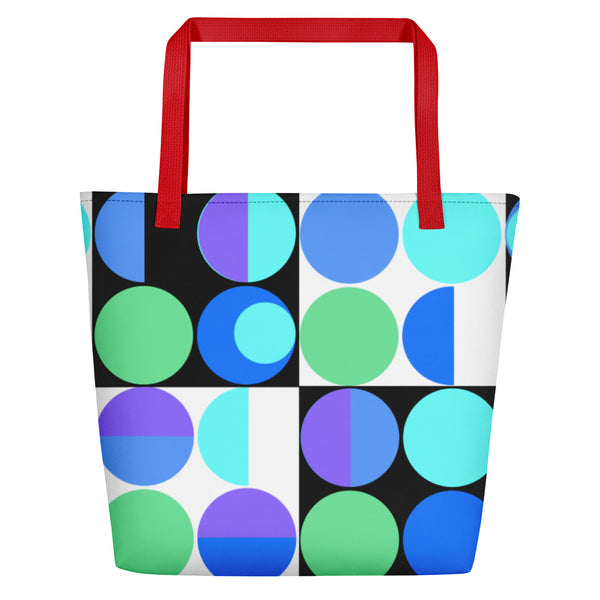 etro abstract design Blue Bauhaus Retro Abstract Memphis Style beach tote bag with red handle