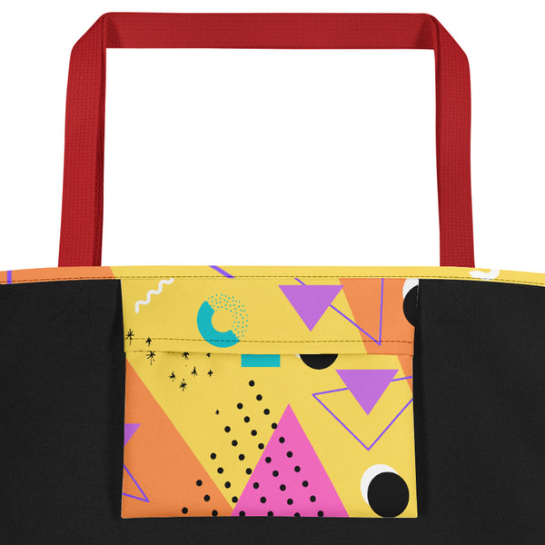 Yellow Bauhaus Retro Abstract Memphis Style beach tote bag with red handle