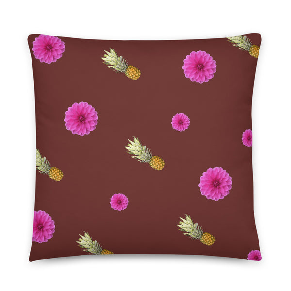 Pink flowers and pineapples patterned cushion or pillow in red background
