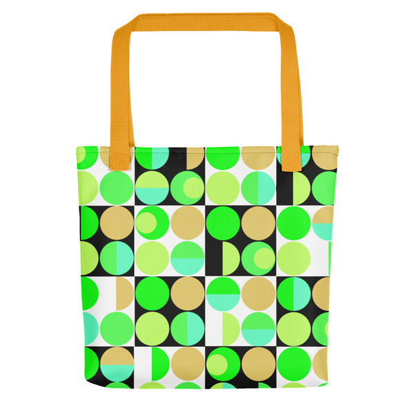 Yellow Bauhaus Retro Abstract Memphis Style tote bag with yellow handle