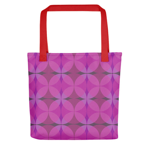 pink 50s style Mid-Century Modern Circles Flamingo pattern tote bag with red handle