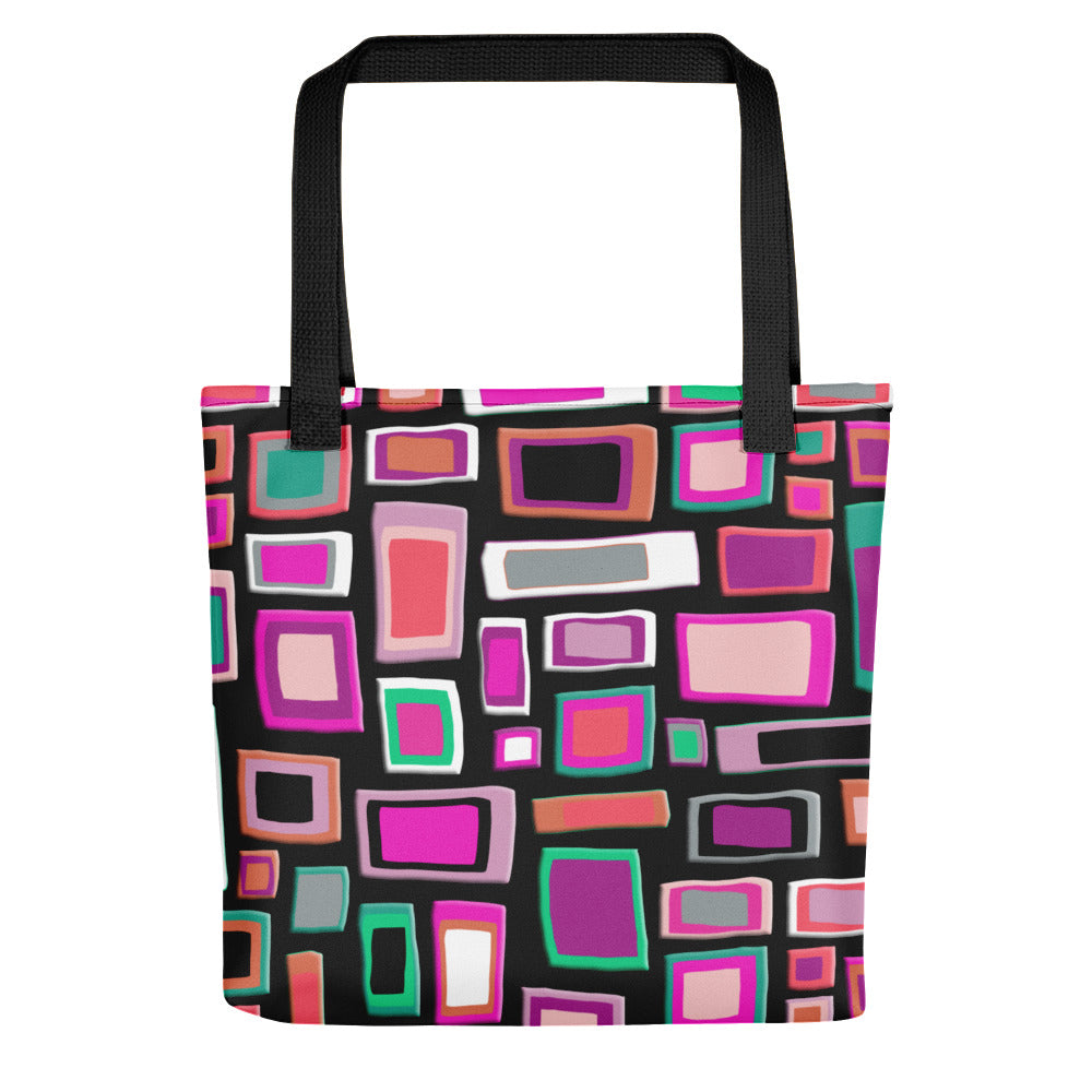 Tote bag | Pink and Black Geometric Mid Century Style with black handle