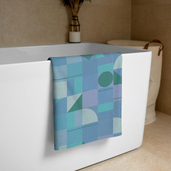 all-over blue geometric Azure Blue Mid Century Modern Shapes design patterned towel
