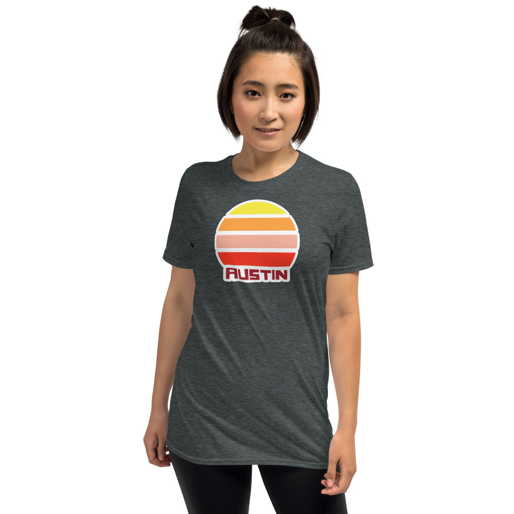 retro vintage sunset style t-shirt entitled Austin in dark heather