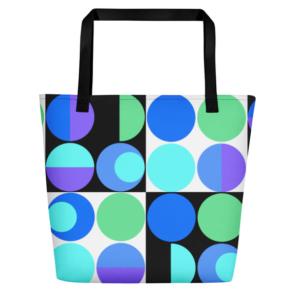 etro abstract design Blue Bauhaus Retro Abstract Memphis Style beach tote bag with black handle