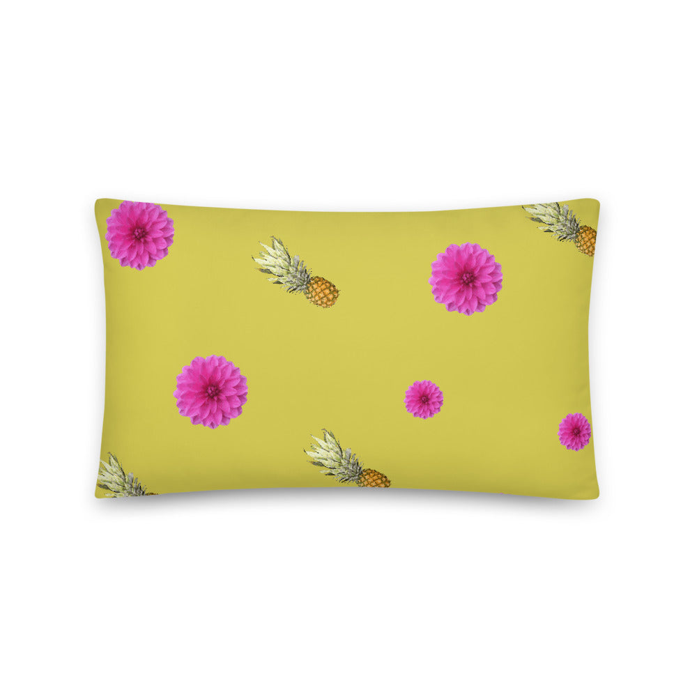 Pink flowers and pineapples patterned cushion or pillow in mustard background