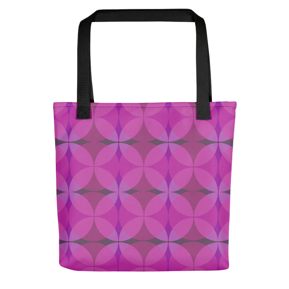pink 50s style Mid-Century Modern Circles Flamingo pattern tote bag with black handle