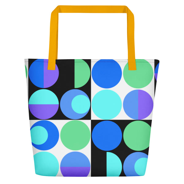 etro abstract design Blue Bauhaus Retro Abstract Memphis Style beach tote bag with yellow handle