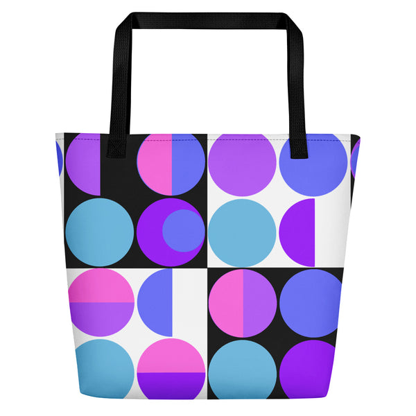 retro abstract design Purple Bauhaus Retro Abstract Memphis Style beach tote bag with black handle