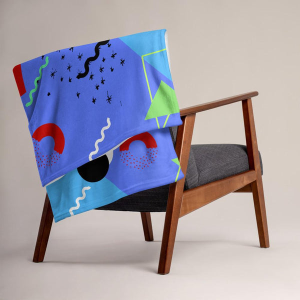 Azure Blue Retro Abstract Memphis Style patterned throw blanket
