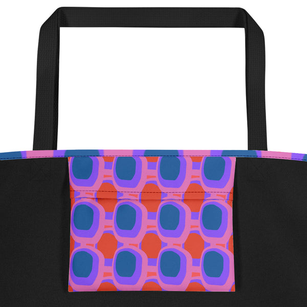 Retro abstract design Pink Blue Orange Retro Abstract beach tote bag with black handle - inside pocket view