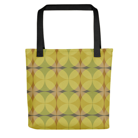 yellow 50s style Mid-Century Modern Circles Mustard pattern tote bag with black handle