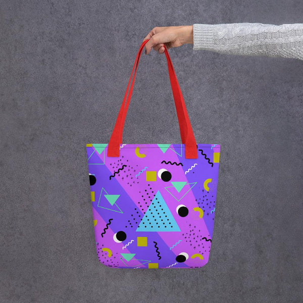 Vivid Purple Retro Abstract Memphis 80s Style tote bag with red handle