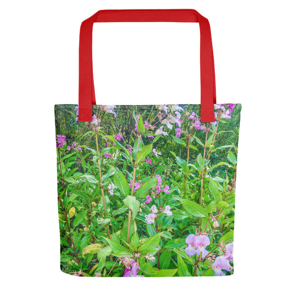 Sussex wildflowers tote bag with red handle