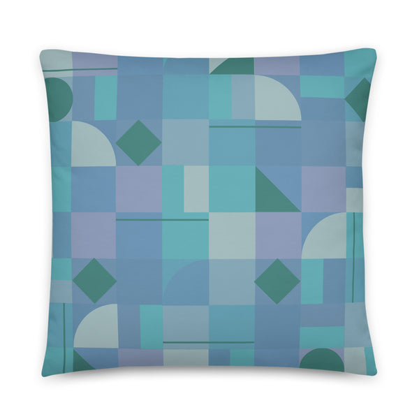 Azure Mid Century Modern Shapes sofa cushion or throw pillow with a muted blue geometric pattern design.