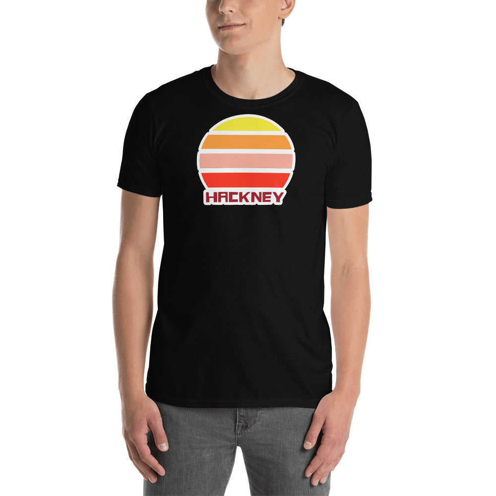 vintage sunset style t-shirt entitled Hackney in black