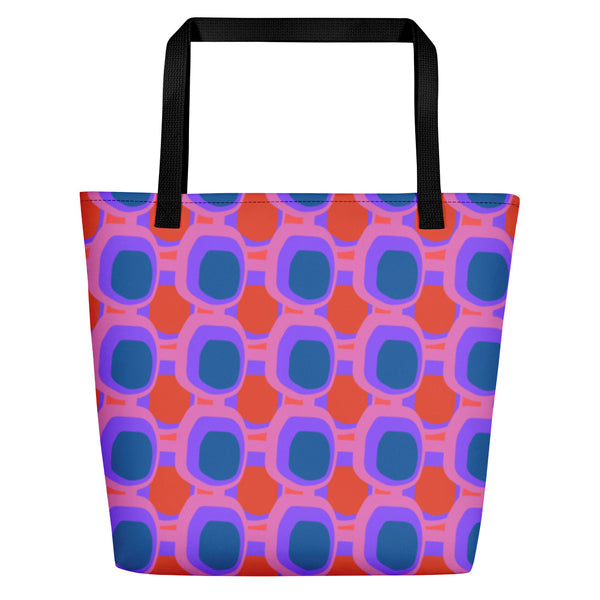 Retro abstract design Pink Blue Orange Retro Abstract beach tote bag with black handle