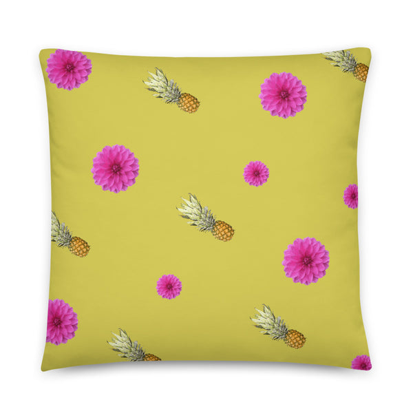Pink flowers and pineapples patterned cushion or pillow in mustard background