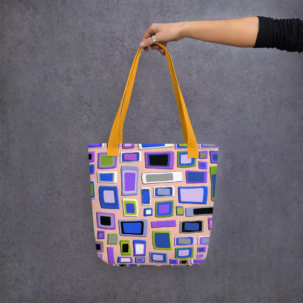 Tote bag | Purple Geometric Mid Century Style with yellow handle