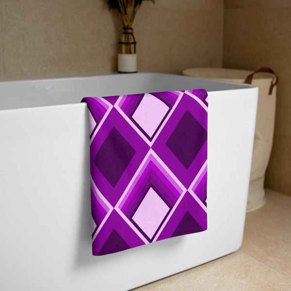 all-over purple diamond geometric 60s style patterned towel