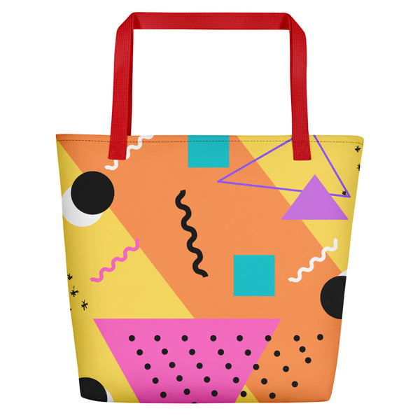 Yellow Bauhaus Retro Abstract Memphis Style beach tote bag with red handle