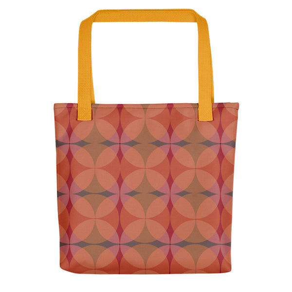 orange 50s style Mid-Century Modern Circles Mandarin tote bag with yellow handle