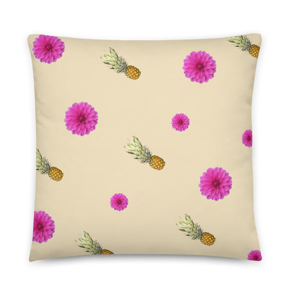 Pink flowers and pineapples patterned cushion or pillow in cream background
