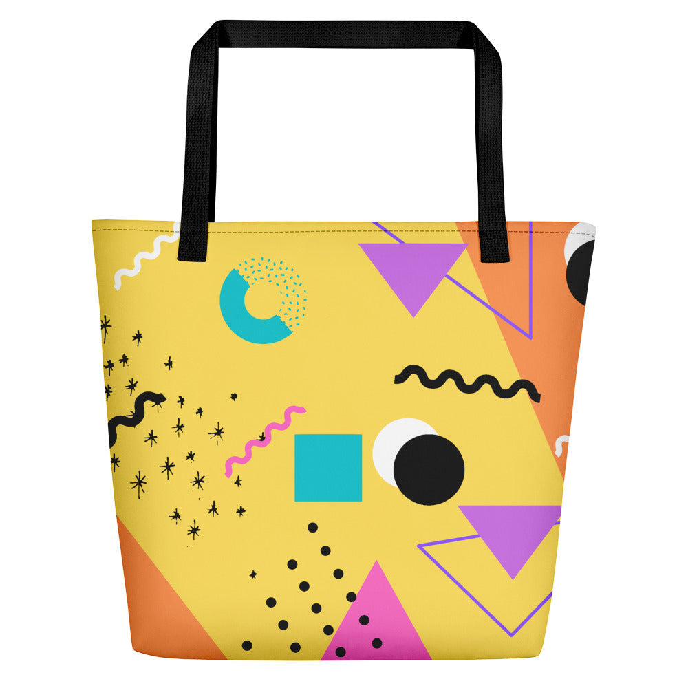 Yellow Bauhaus Retro Abstract Memphis Style beach tote bag with black handle