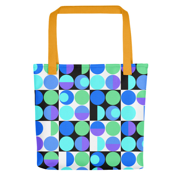 Blue Bauhaus Retro Abstract Memphis Style tote bag with yellow handle