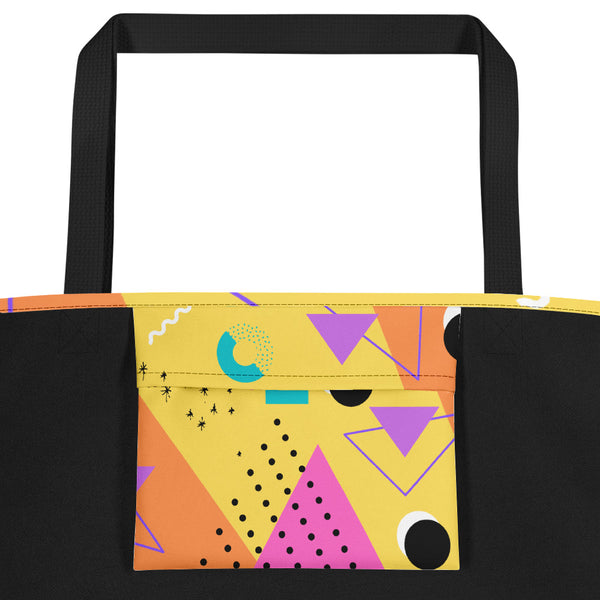 Yellow Bauhaus Retro Abstract Memphis Style beach tote bag with black handle