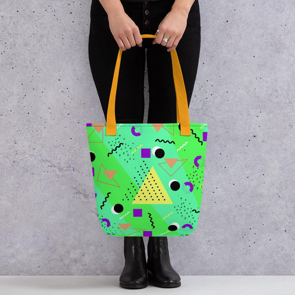 Neon Green Retro Abstract Memphis 80s Style tote bag with yellow handle