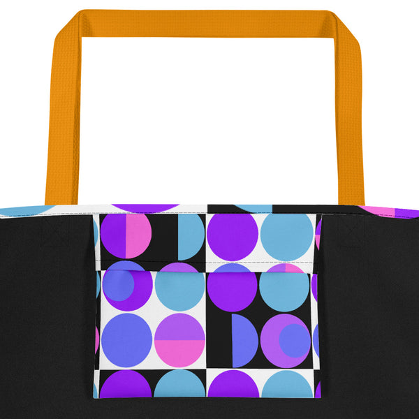 retro abstract design Purple Bauhaus Retro Abstract Memphis Style beach tote bag with yellow handle
