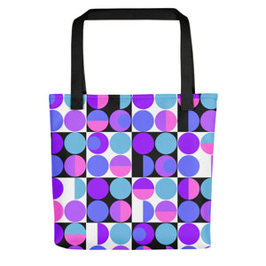 Purple Bauhaus Retro Abstract Memphis Style tote bag with black handle