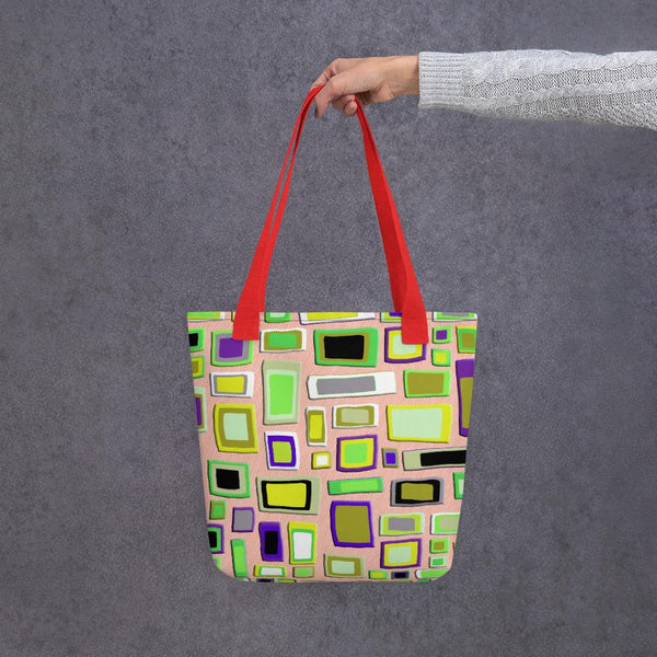Tote bag | Yellow Geometric Mid Century Style with red handle