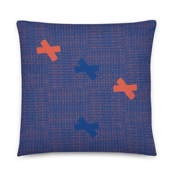 America Country Sofa Navy Cushion Throw Pillow with an orange and navy blue woven fabric effect design featuring a small number of orange and navy patches