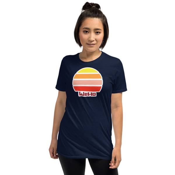 vintage sunset style t-shirt entitled WeHo in navy