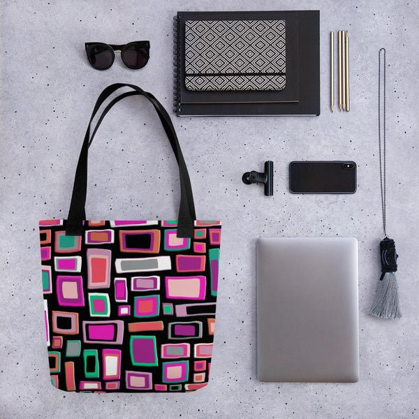 Tote bag | Pink and Black Geometric Mid Century Style with black handle