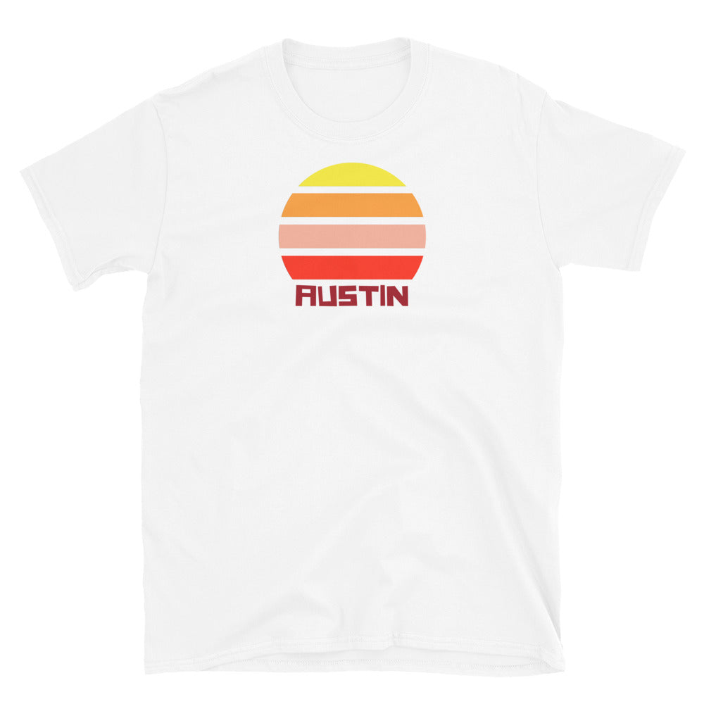 retro vintage sunset style t-shirt entitled Austin in white