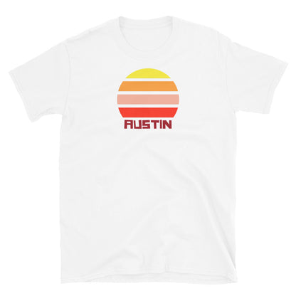 retro vintage sunset style t-shirt entitled Austin in white