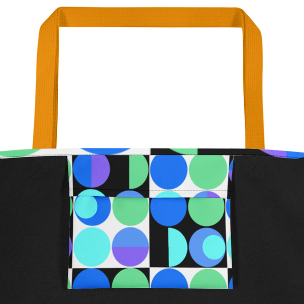 etro abstract design Blue Bauhaus Retro Abstract Memphis Style beach tote bag with yellow handle