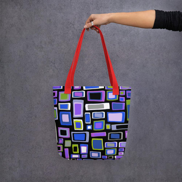 Tote bag | Purple and Black Geometric Mid Century Style with red handle