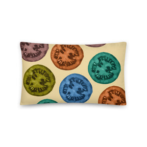 Multicolored tomatoes basic cushion or pillow in sunrise yellow