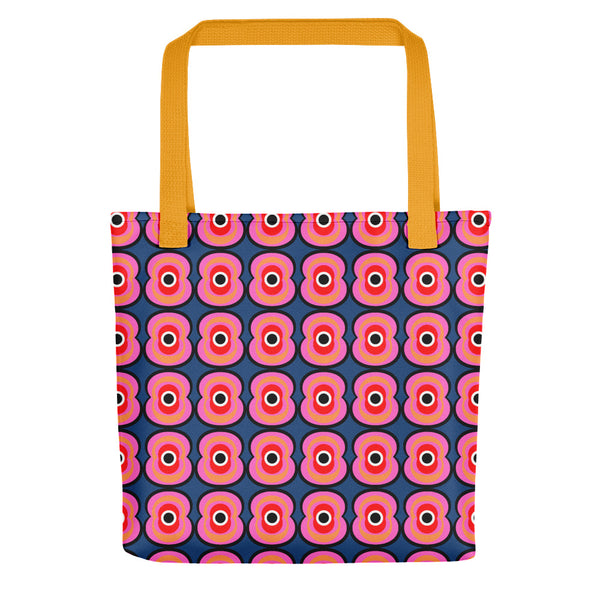 70s retro style abstract seventies style design Pink Retro Poppies tote bag with yellow handle