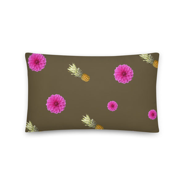 Pink flowers and pineapples patterned cushion or pillow in olive background
