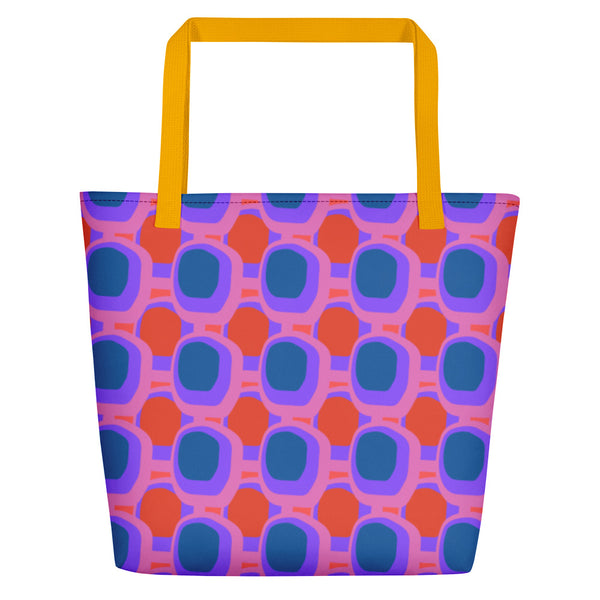 Retro abstract design Pink Blue Orange Retro Abstract beach tote bag with yellow handle