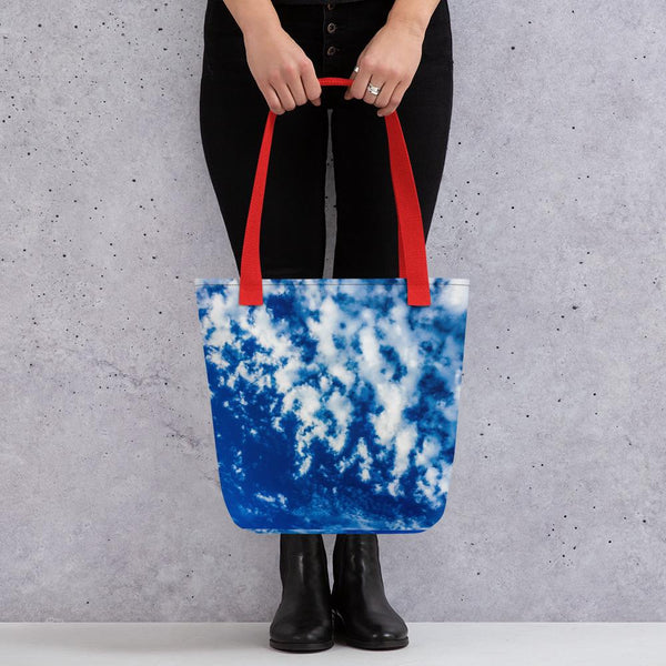 Azure Mackerel Sky tote bag with red handle