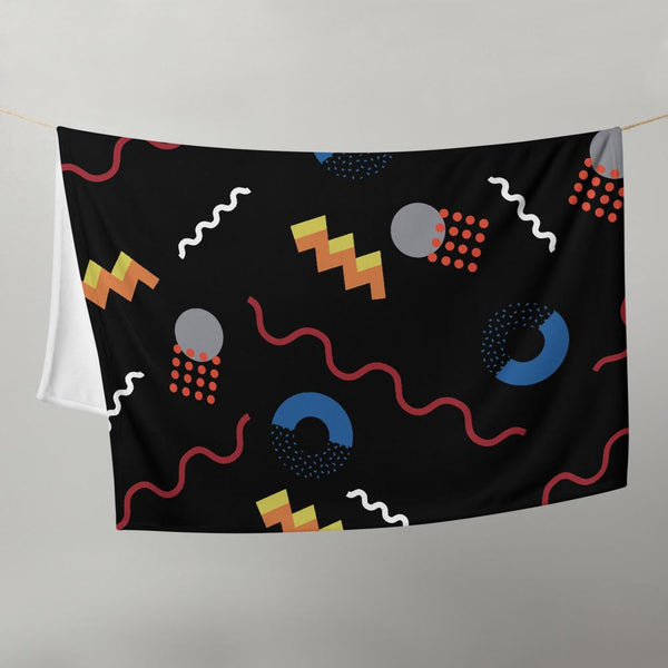 Black Retro Abstract Memphis Style patterned couch throw blanket