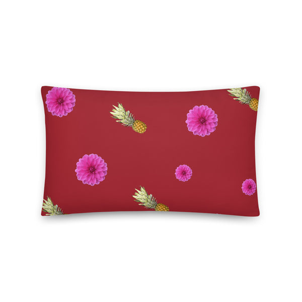 Pink flowers and pineapples patterned cushion or pillow in crimson background